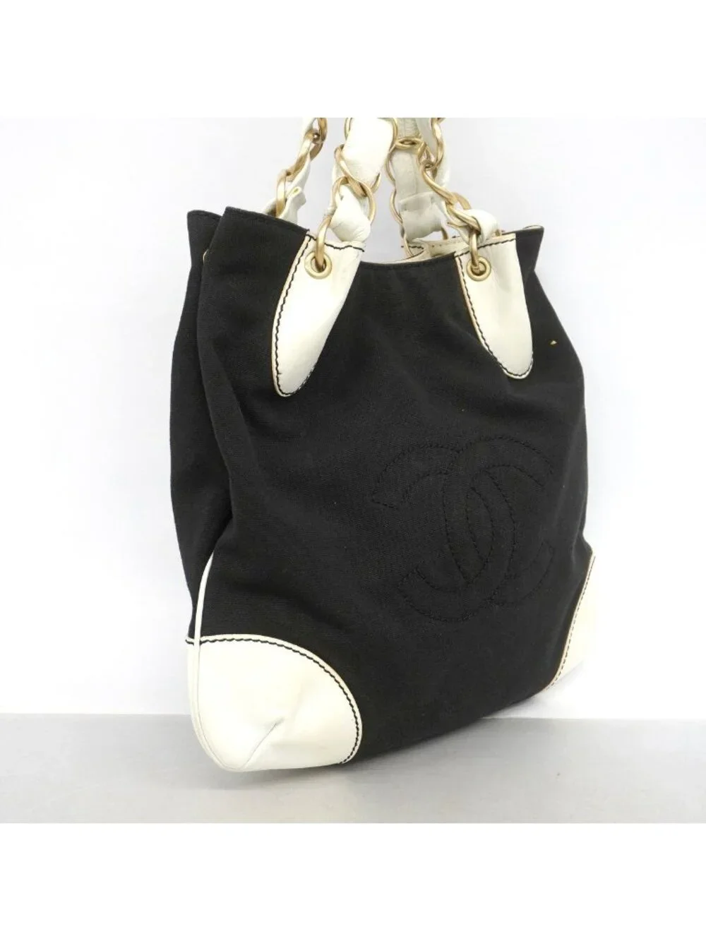 Chanel Chain Tote Leather Canvas Black Champagne Gold